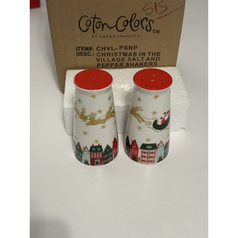 NIB Coton Colors Christmas Village Salt & Pepper Shakers Santa Reindeer